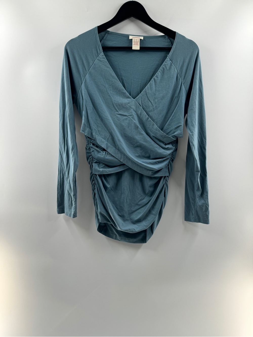 Sundance Vanessa Teal Faux Wrap Ruched Long Sleeve Top Women’s Medium